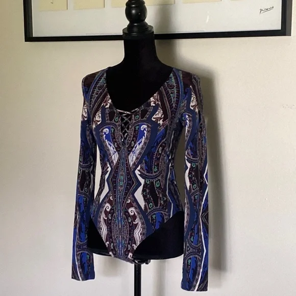 Free People Blue Paisley lace up bodysuit - Picture 3 of 12